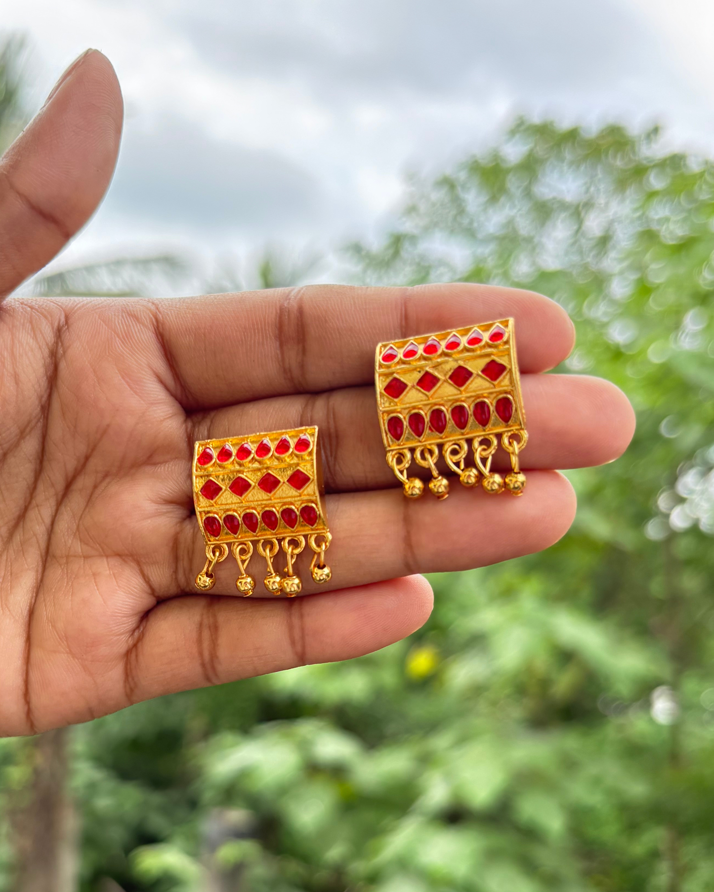 Assamese Traditional Red-Gold Matchbiri Necklace (Rectangular Design)