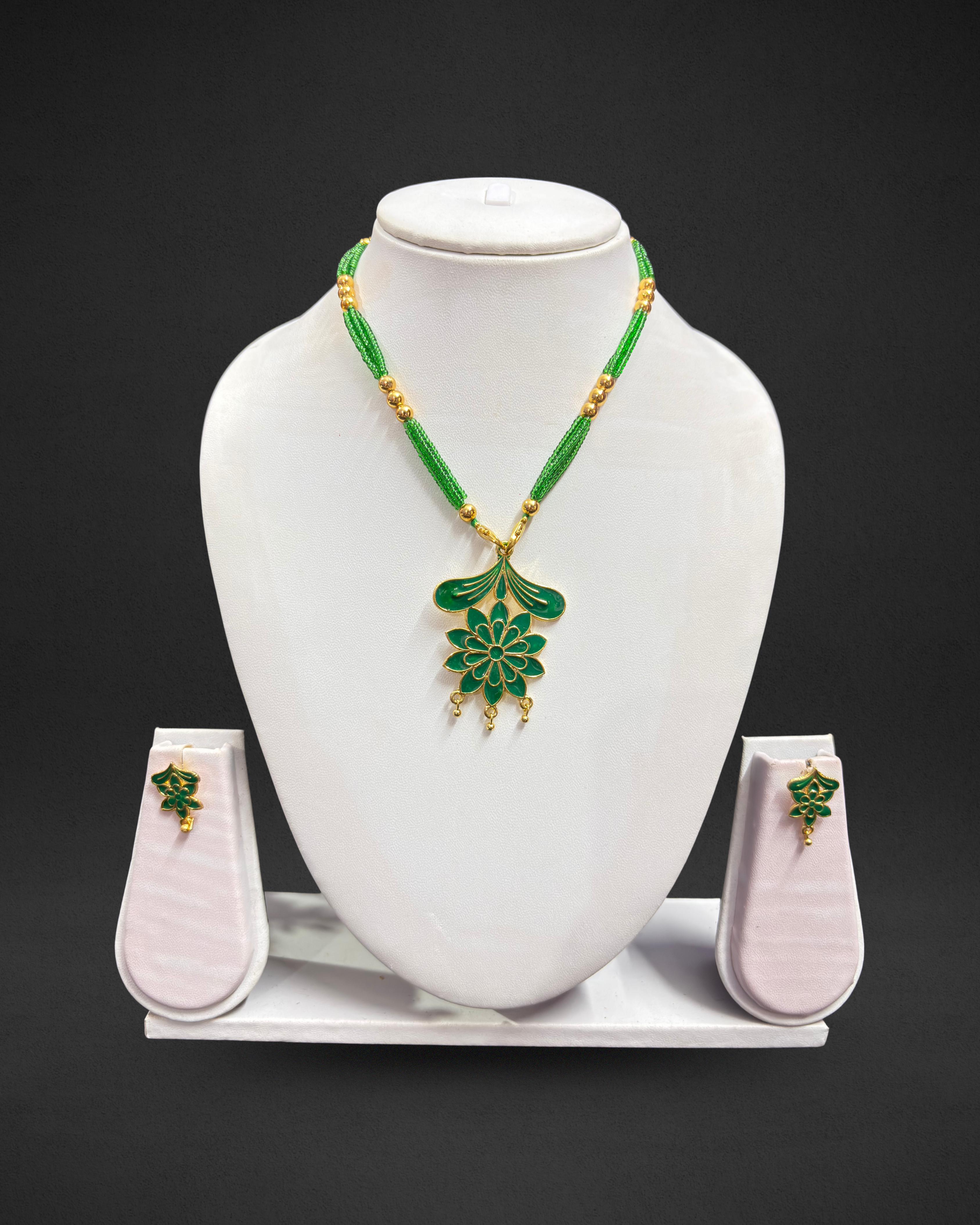 Assamese Traditional Green-Gold Golpata Necklace