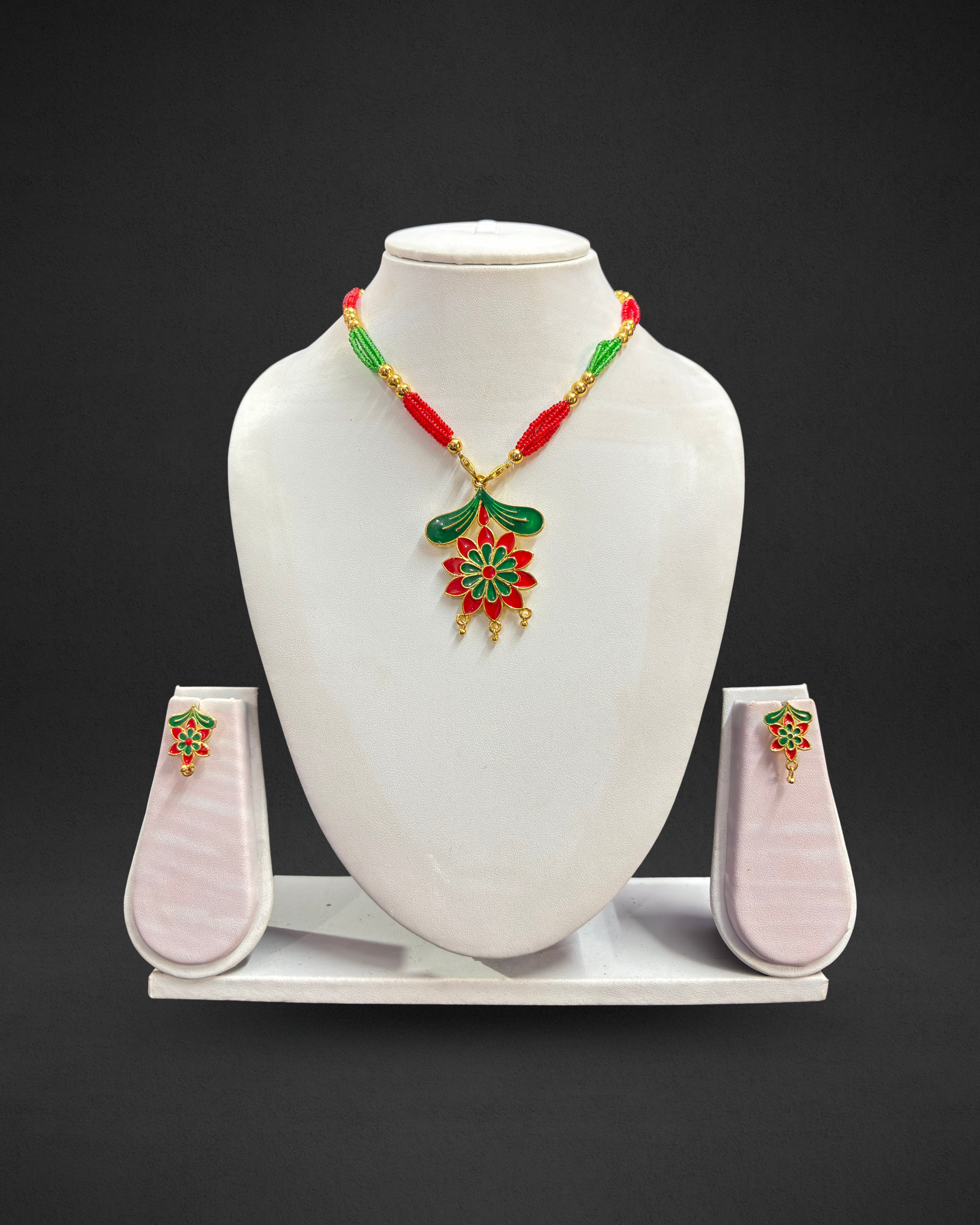 Assamese Green & Red Traditional Jewellery Set