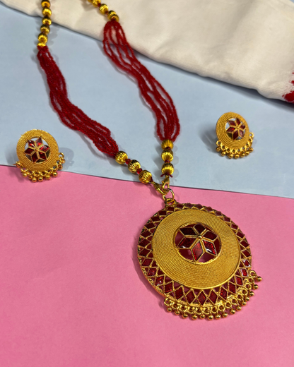 Traditional Assamese Keru Necklace Set with Red Beads