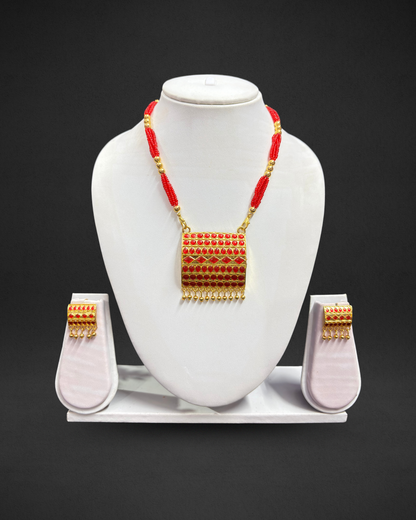 Assamese Traditional Red-Gold Matchbiri Necklace (Rectangular Design)