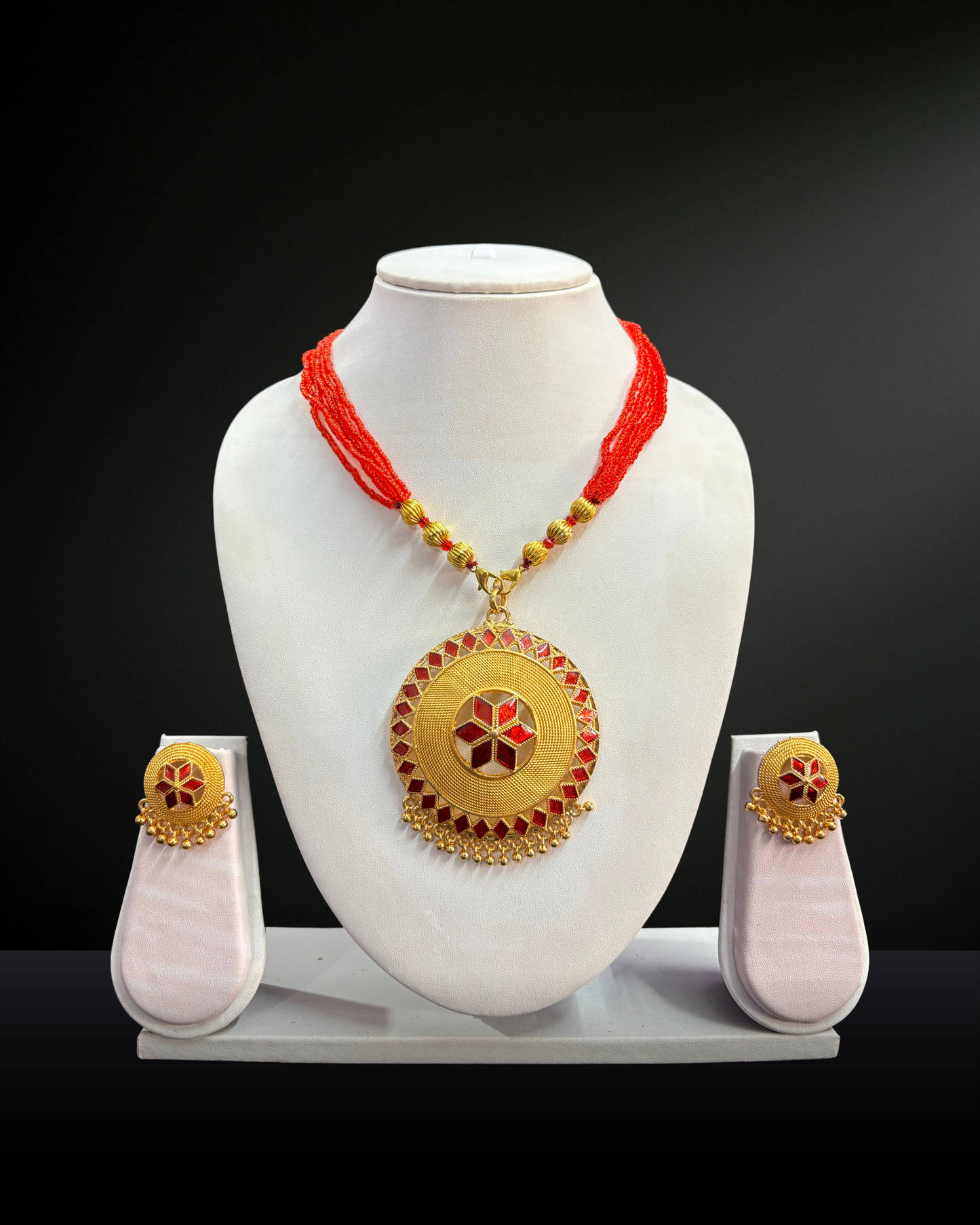 Traditional Assamese Keru Necklace Set with Red Beads