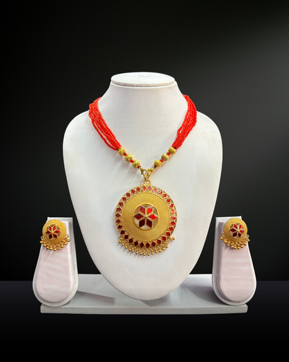 Traditional Assamese Keru Necklace Set with Red Beads