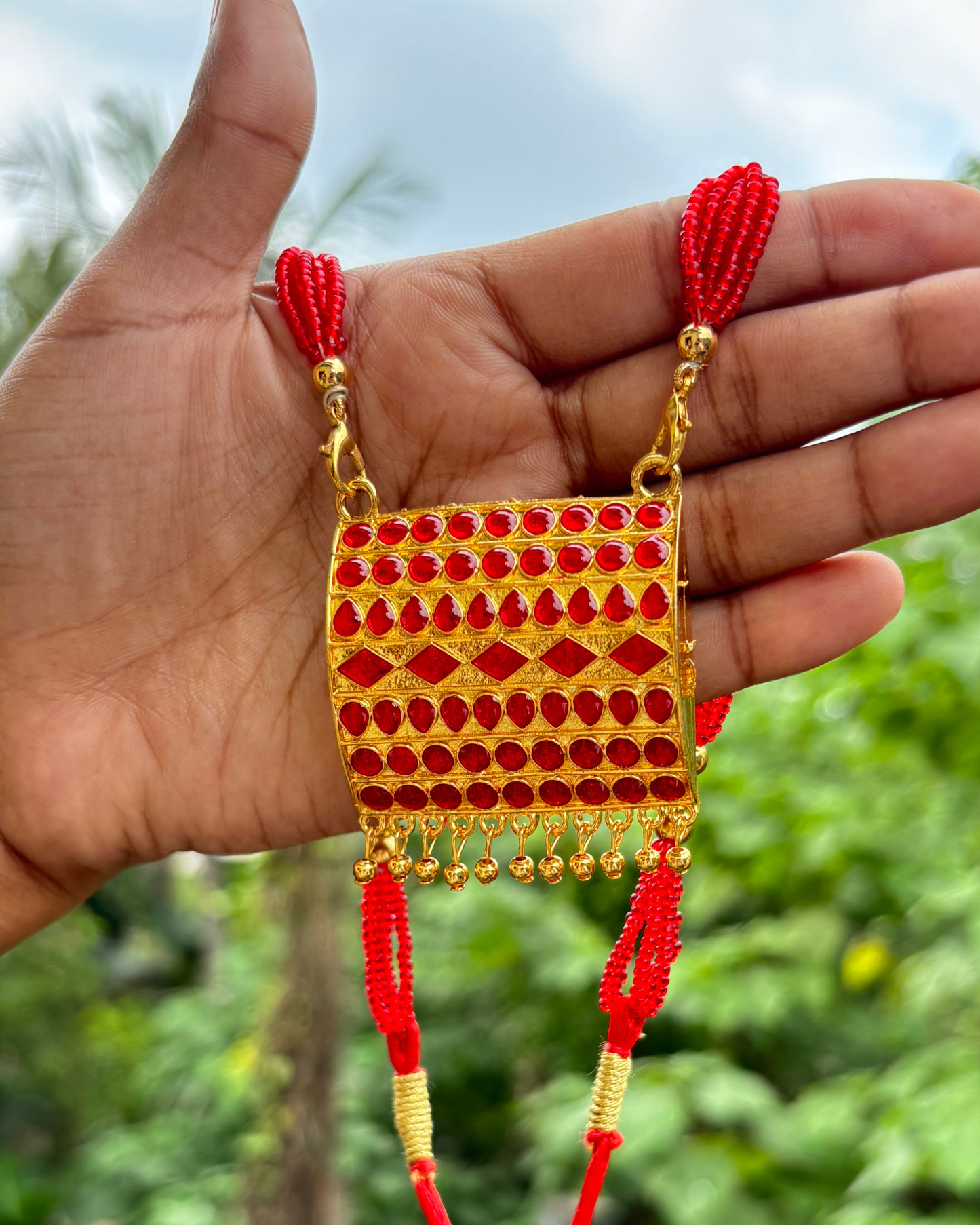 Assamese Traditional Red-Gold Matchbiri Necklace (Rectangular Design)