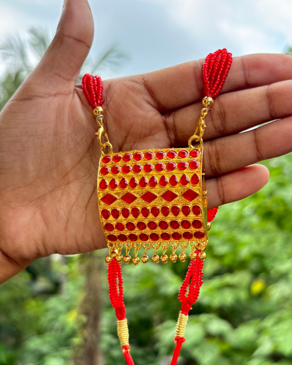 Assamese Traditional Red-Gold Matchbiri Necklace (Rectangular Design)