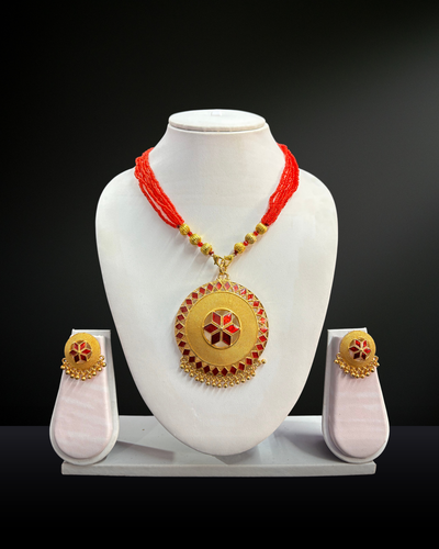 Traditional Assamese Keru Necklace Set with Red Beads