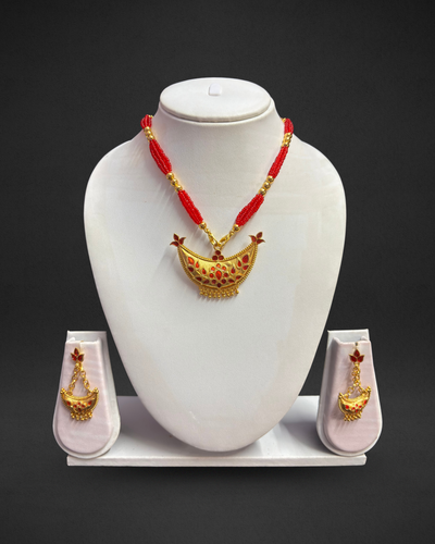 Assamese Traditional Red-Gold Joonbiri Necklace & Earring Set