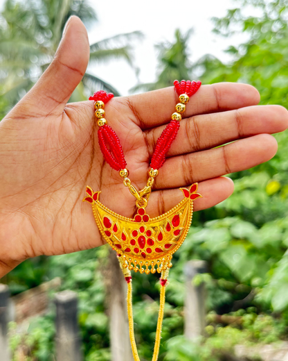 Assamese Traditional Red-Gold Joonbiri Necklace & Earring Set