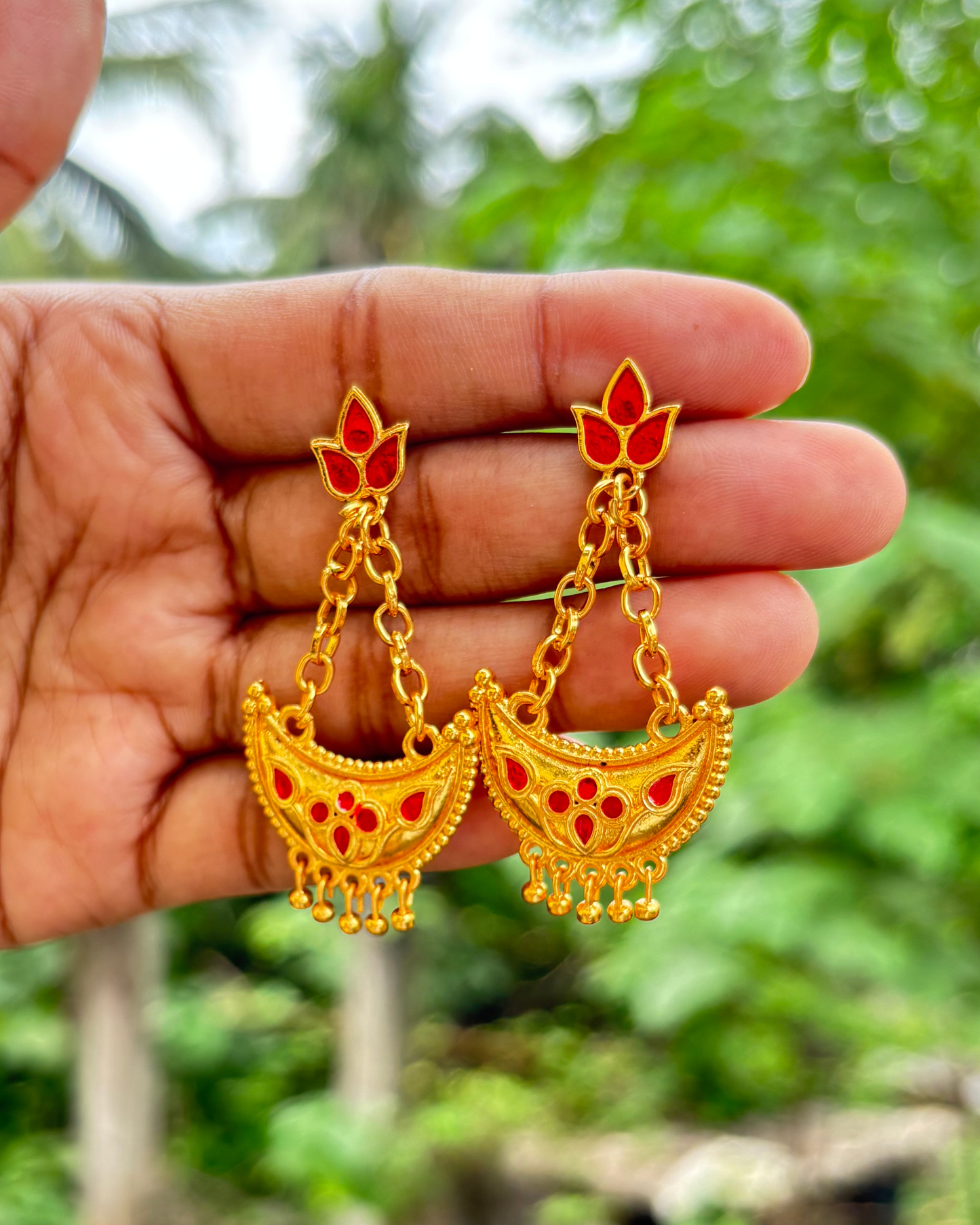 Assamese Traditional Red-Gold Joonbiri Necklace & Earring Set