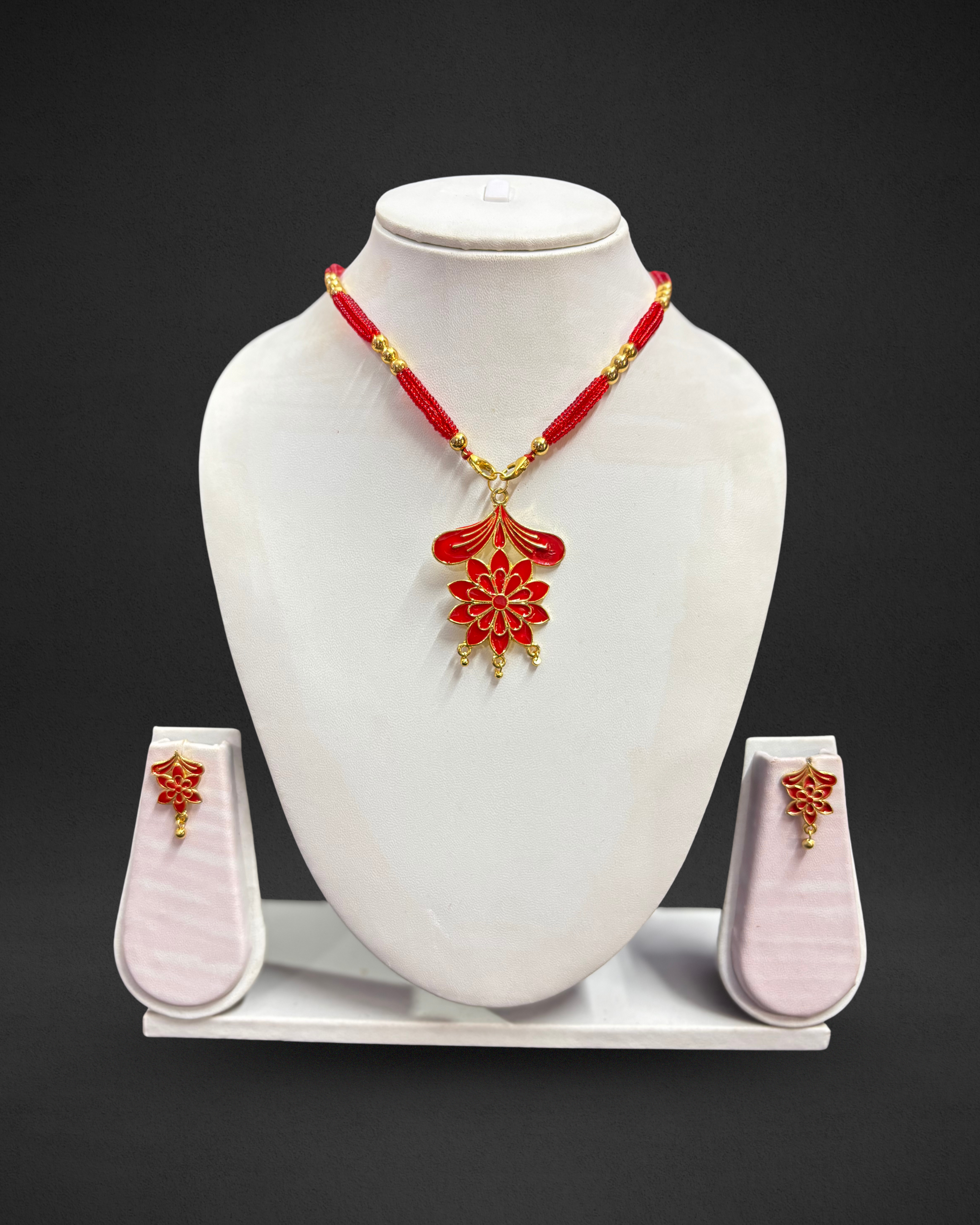 Assamese Traditional Red-Gold Floral Necklace & Earring Set