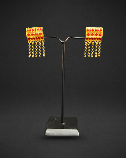 Assamese Traditional Red-Gold Rectangular Necklace & Earring Set