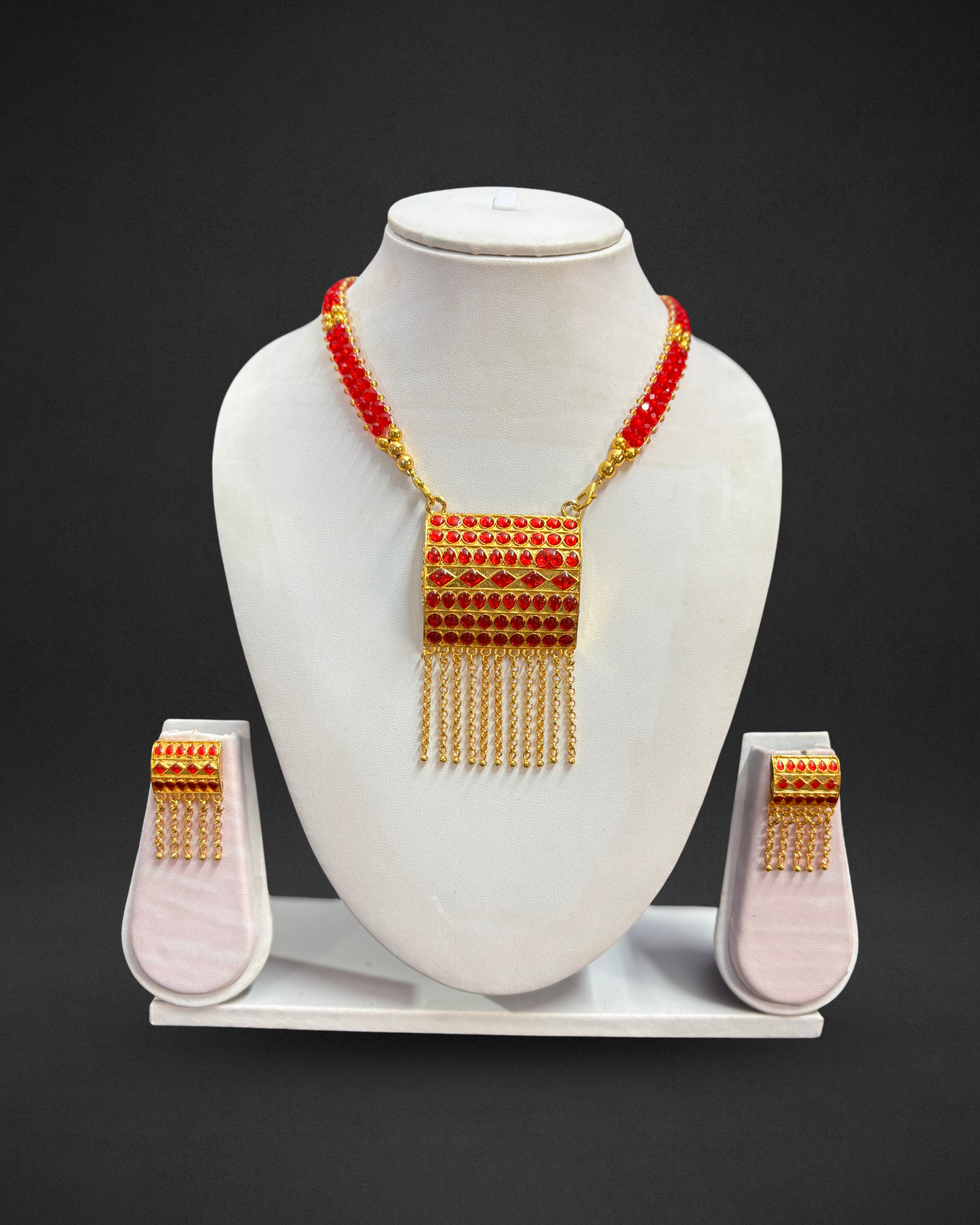 Assamese Traditional Red-Gold Rectangular Necklace & Earring Set