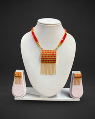 Assamese Traditional Red-Gold Rectangular Necklace & Earring Set