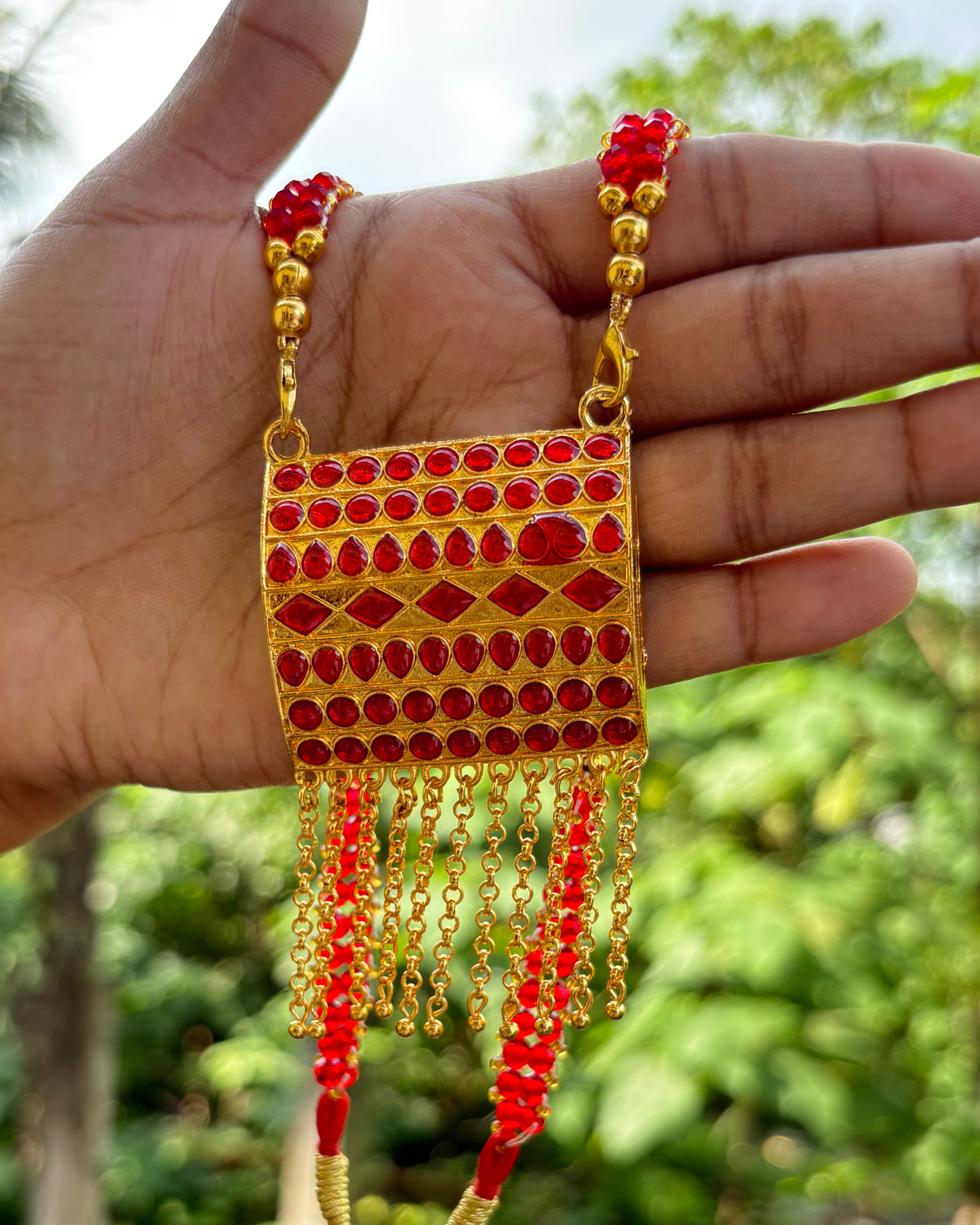 Assamese Traditional Red-Gold Rectangular Necklace & Earring Set