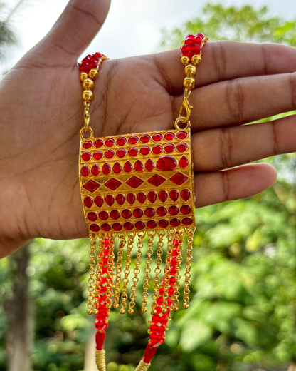 Assamese Traditional Red-Gold Rectangular Necklace & Earring Set