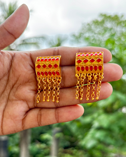 Assamese Traditional Red-Gold Rectangular Necklace & Earring Set