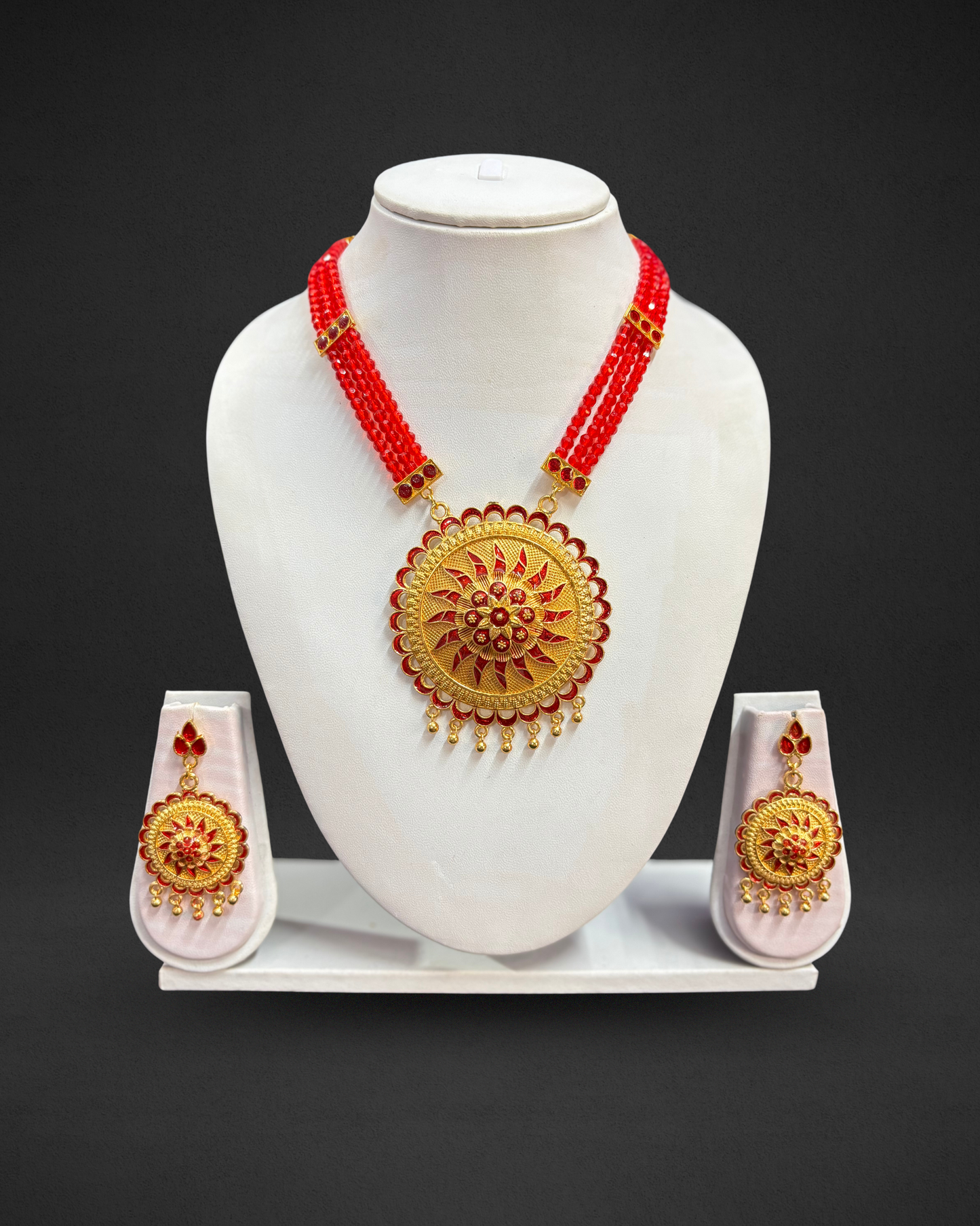 Assamese Traditional Red & Gold Beaded Jewellery Set