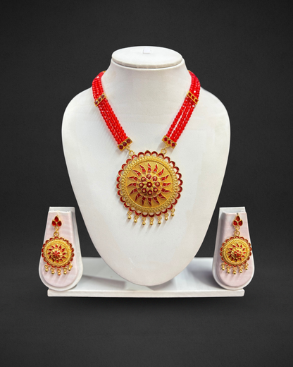Assamese Traditional Red & Gold Beaded Jewellery Set