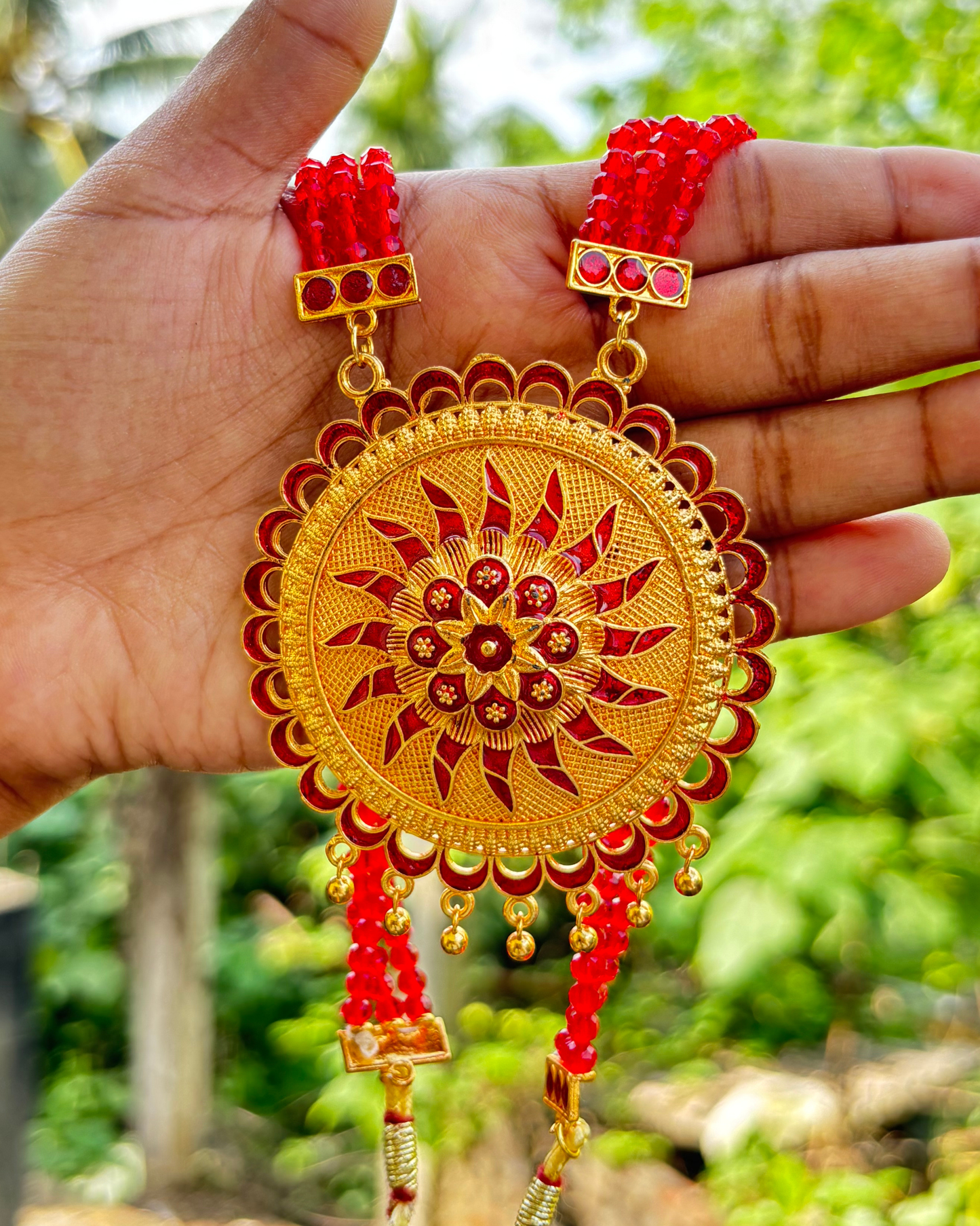 Assamese Traditional Red & Gold Beaded Jewellery Set