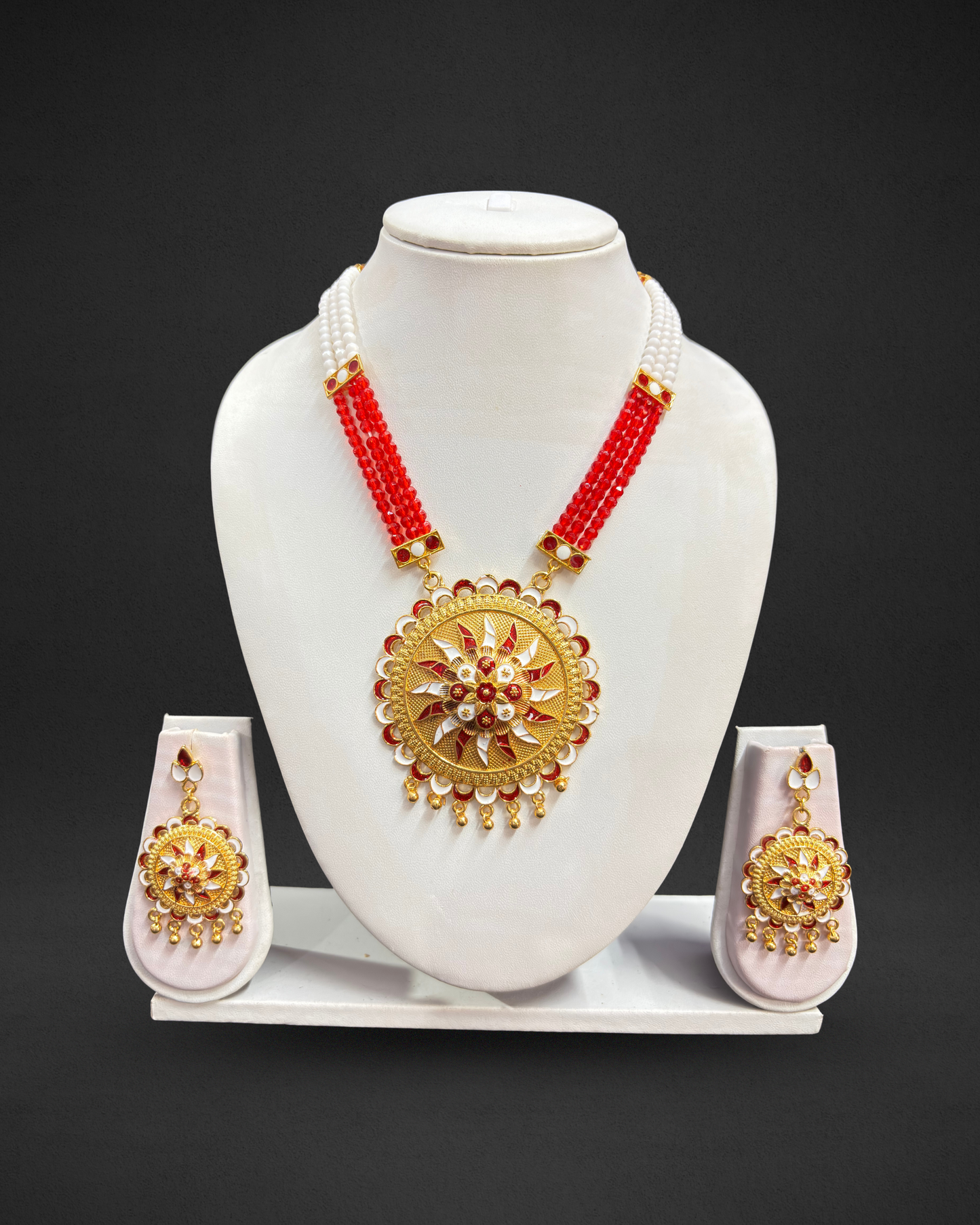 Assamese Red & White Beaded Traditional Jewellery Set