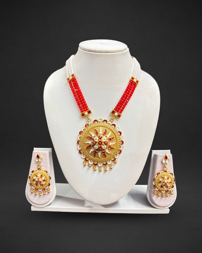 Assamese Red & White Beaded Traditional Jewellery Set