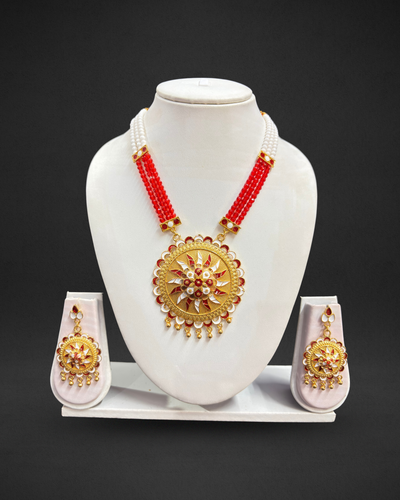 Assamese Red & White Beaded Traditional Jewellery Set