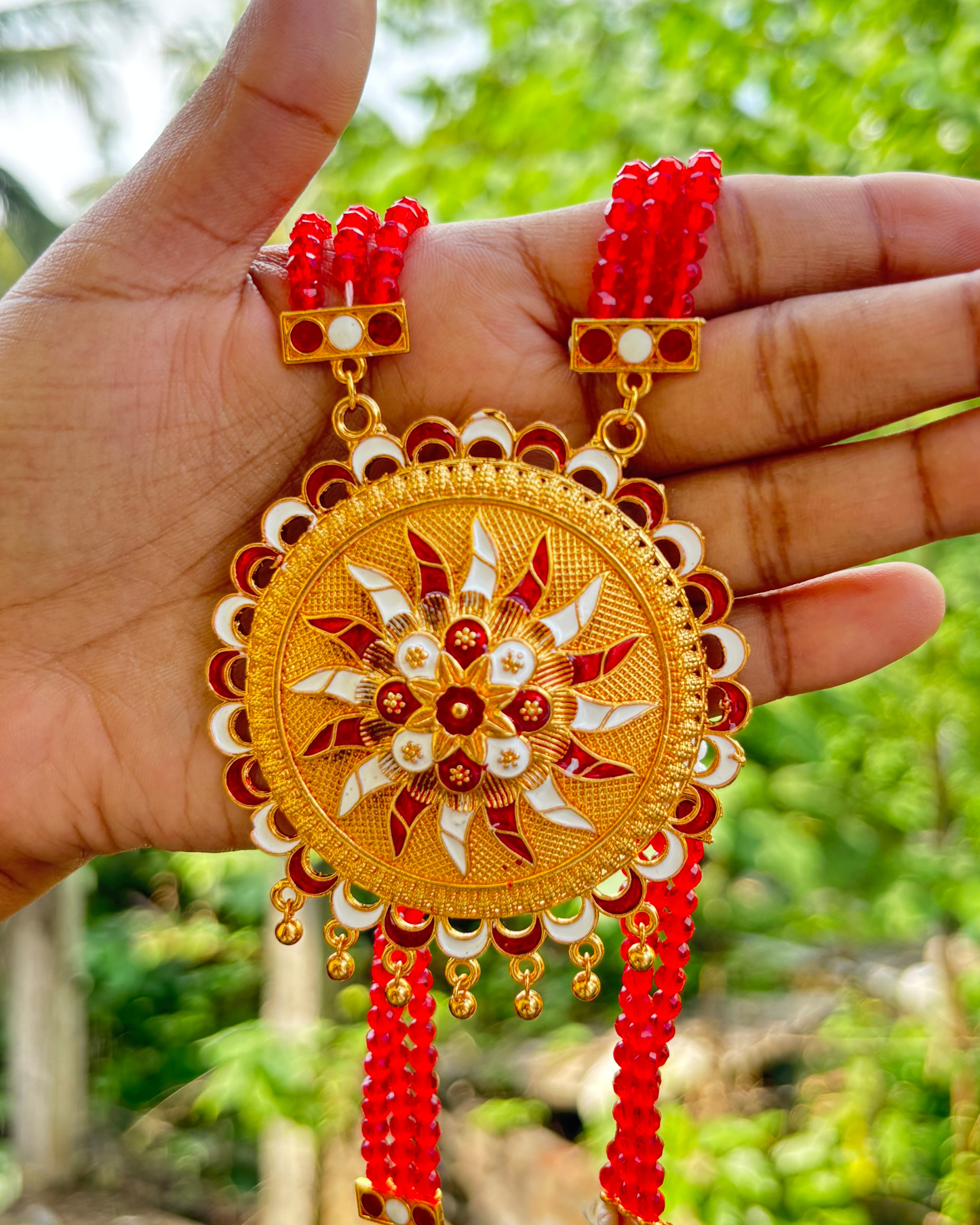 Assamese Red & White Beaded Traditional Jewellery Set