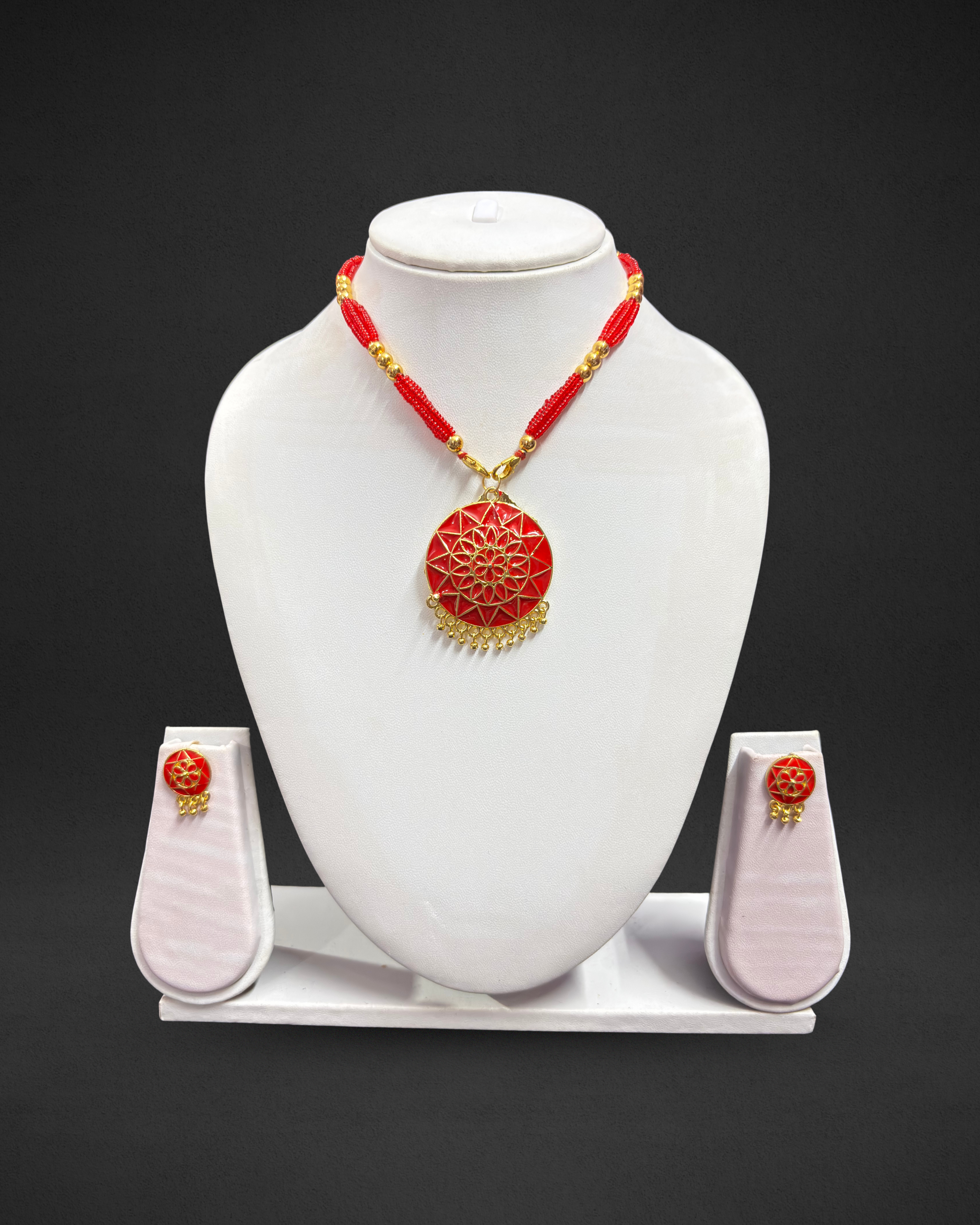 Assamese Red Beaded Traditional Jewellery Set