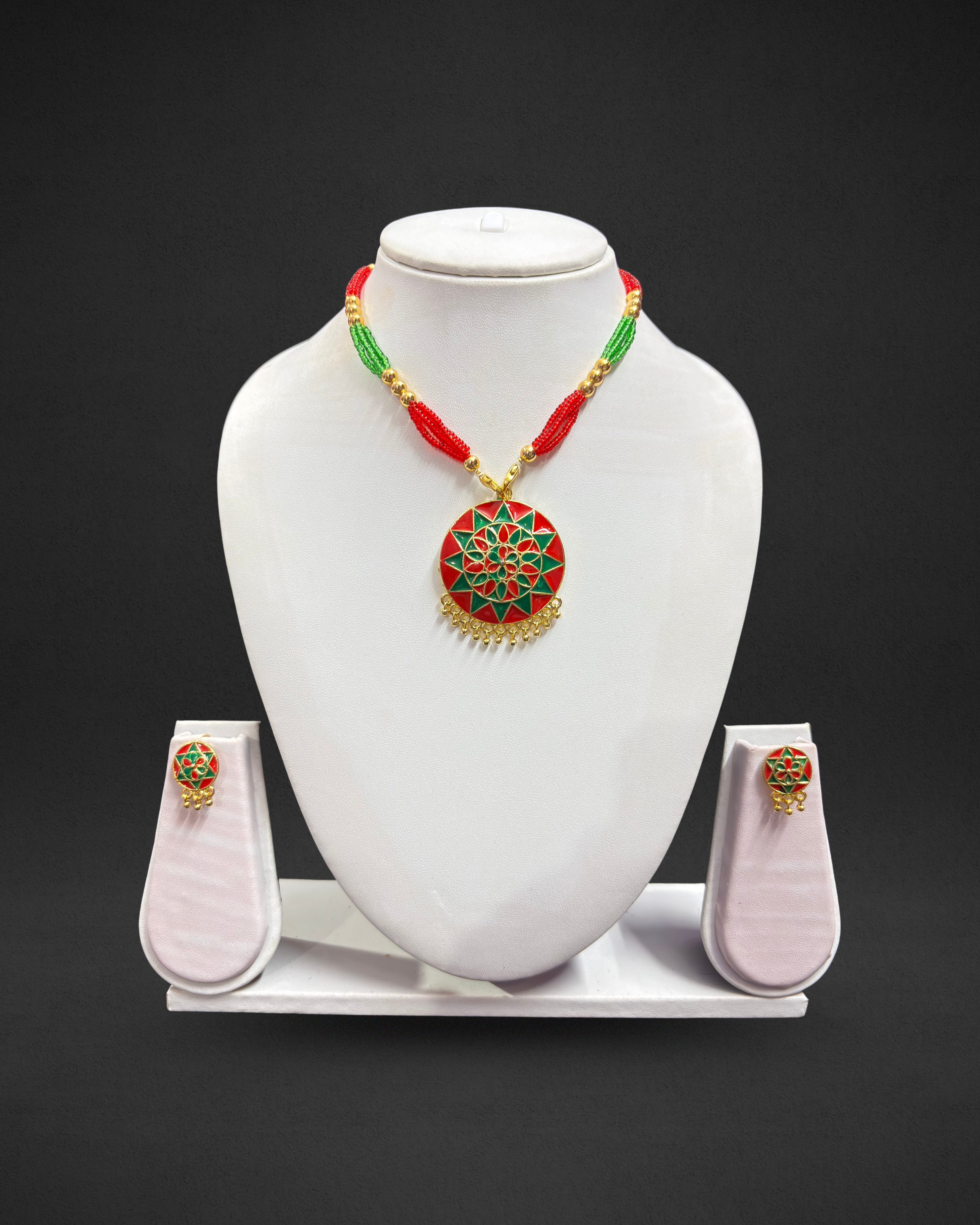 Assamese Red & Green Beaded Traditional Necklace