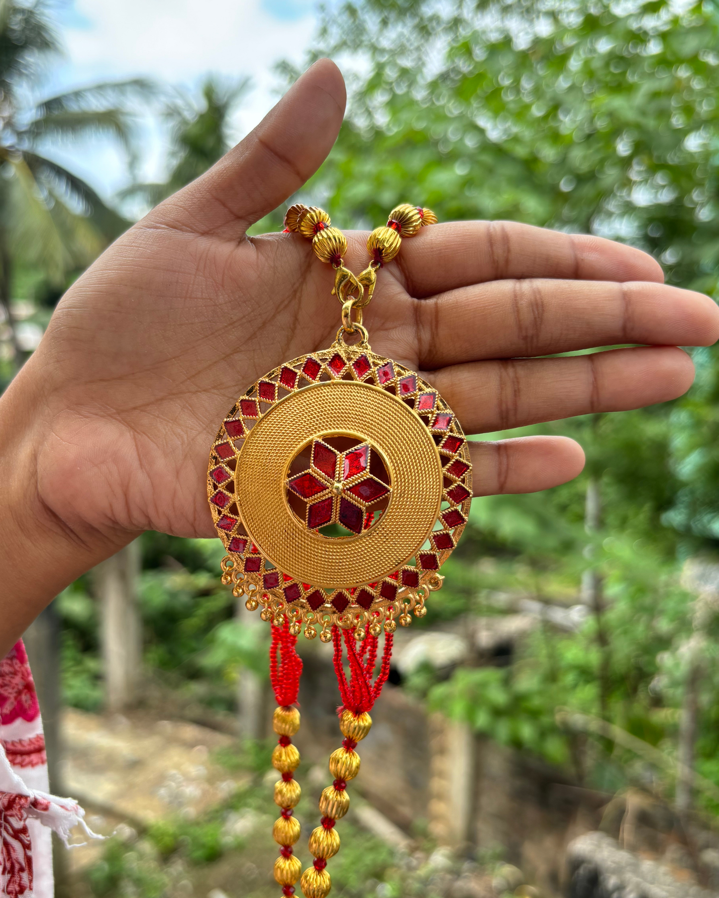 Traditional Assamese Keru Necklace Set with Red Beads
