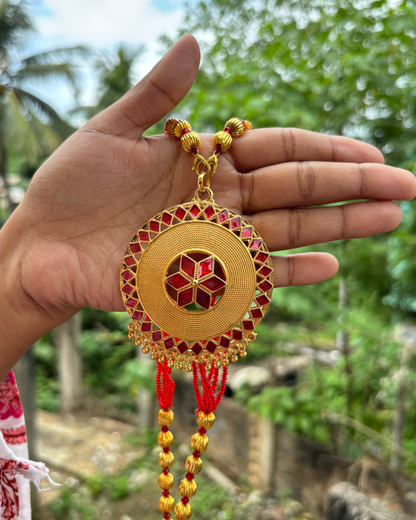 Traditional Assamese Keru Necklace Set with Red Beads